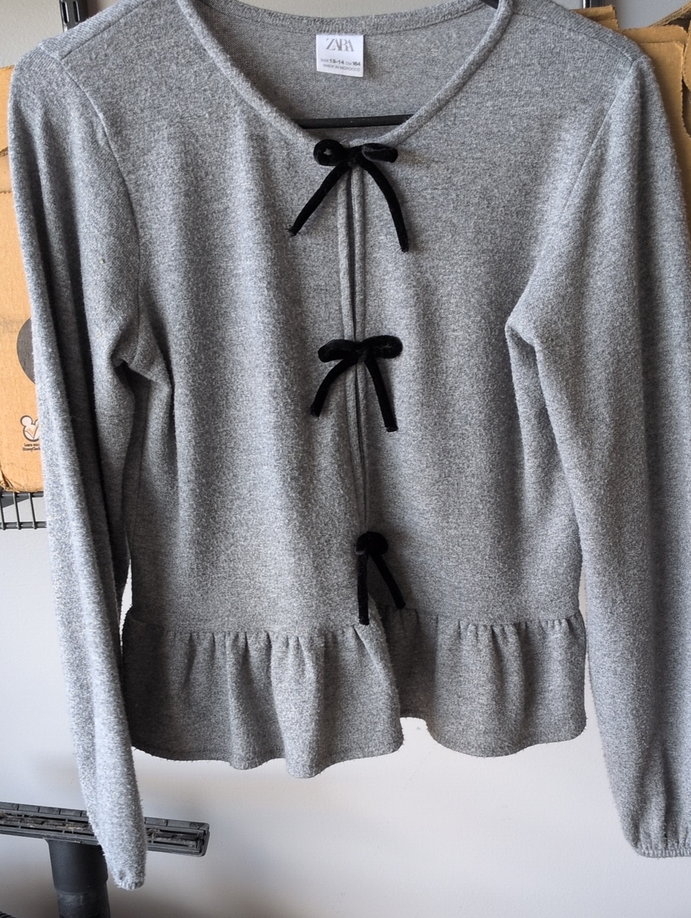 Zara Gray Peplum Sweater with Black Velvet Bow Details